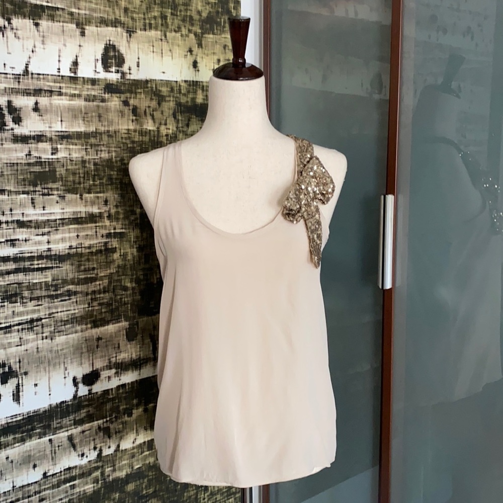 MAJE PARIS nude silk cami with sequin gold bow 3